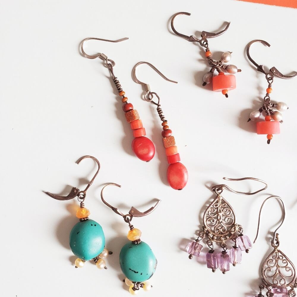 Earring Lot- 6 Pairs, Handmade, Coral, Sterling